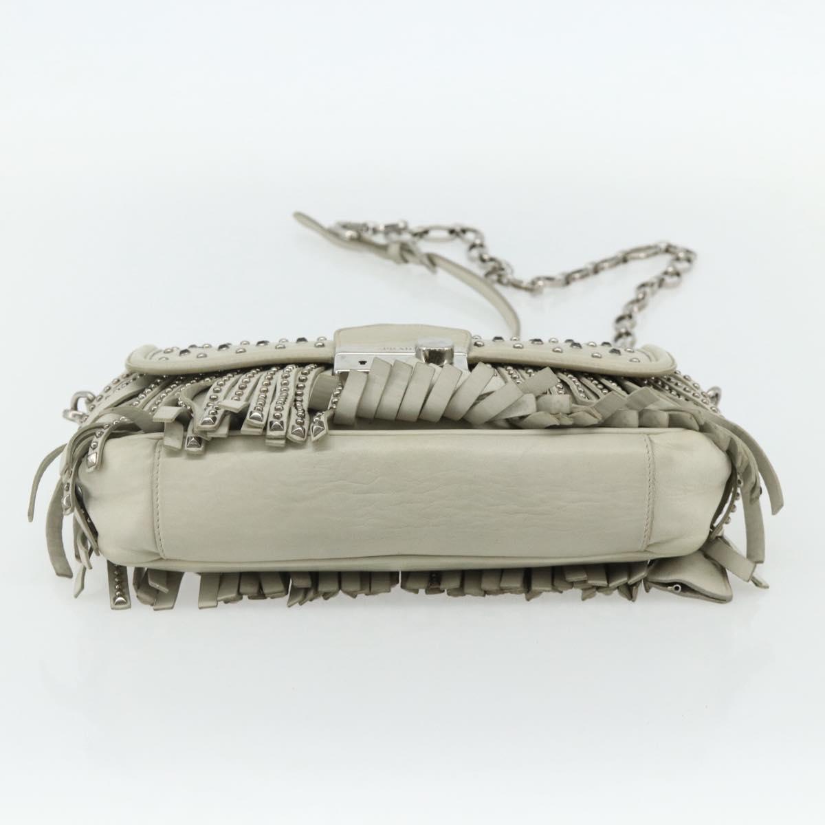 PRADA Chain Shoulder Bag Leather Silver Ivory Auth 179041A