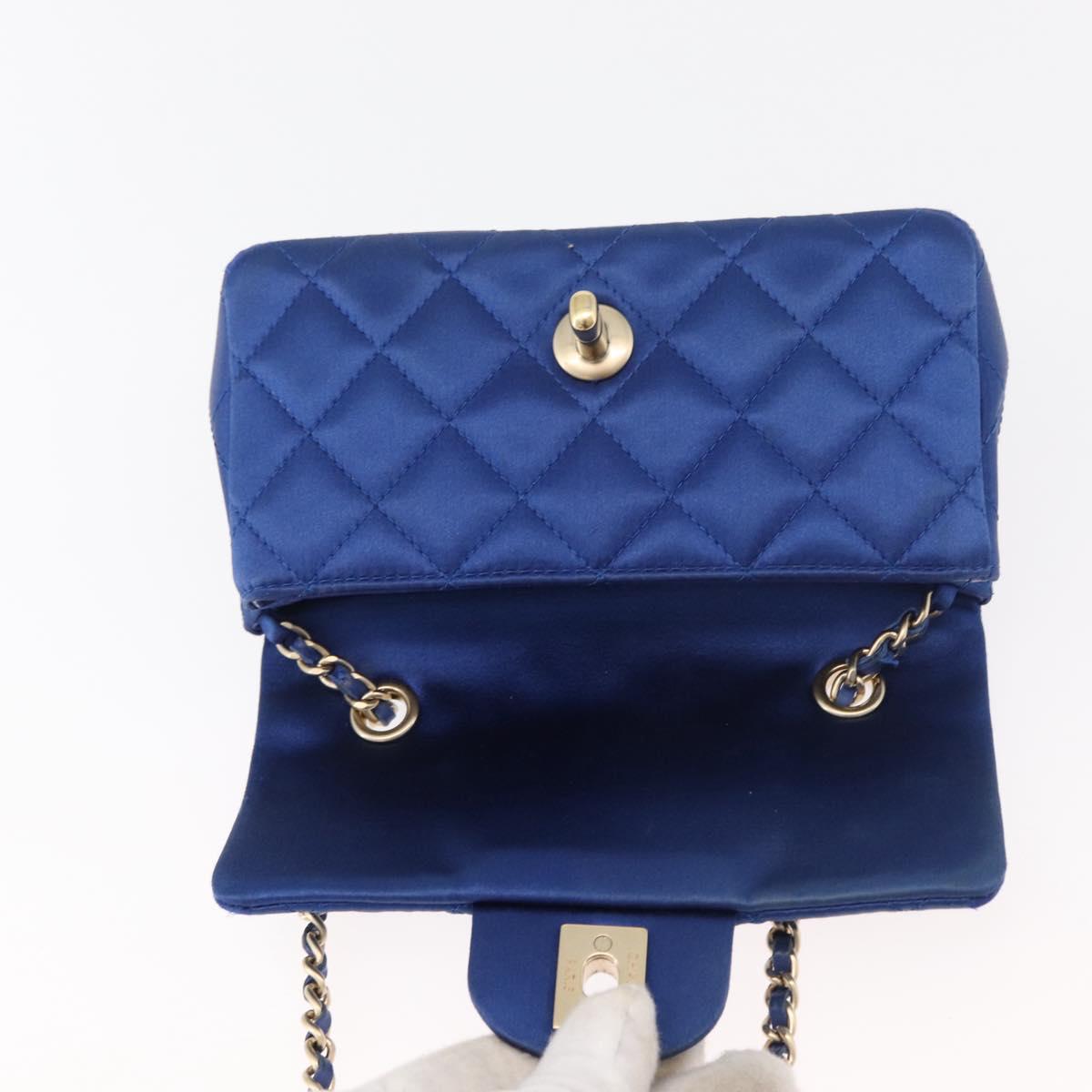 CHANEL Chain Mini Matelasse 17 Shoulder Bag Satin Blue Gold CC Auth 179045
