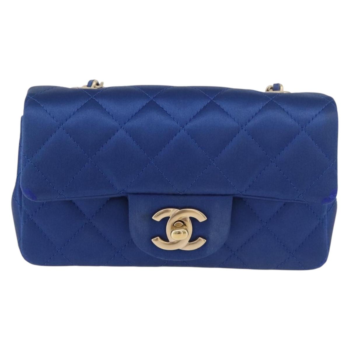 CHANEL Chain Mini Matelasse 17 Shoulder Bag Satin Blue Gold CC Auth 179045