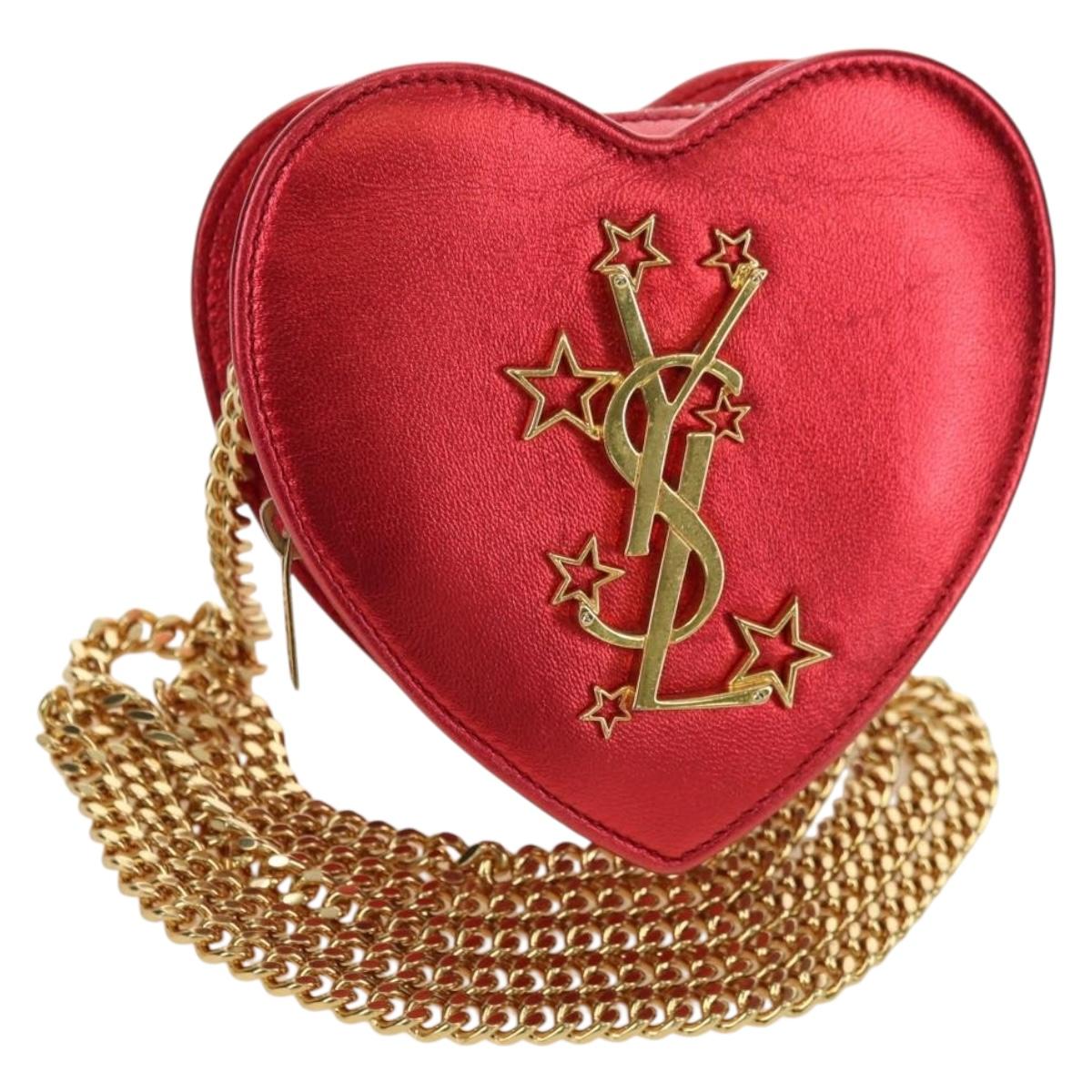 SAINT LAURENT Love Heart Chain Shoulder Bag Leather Red Gold Auth 179049V
