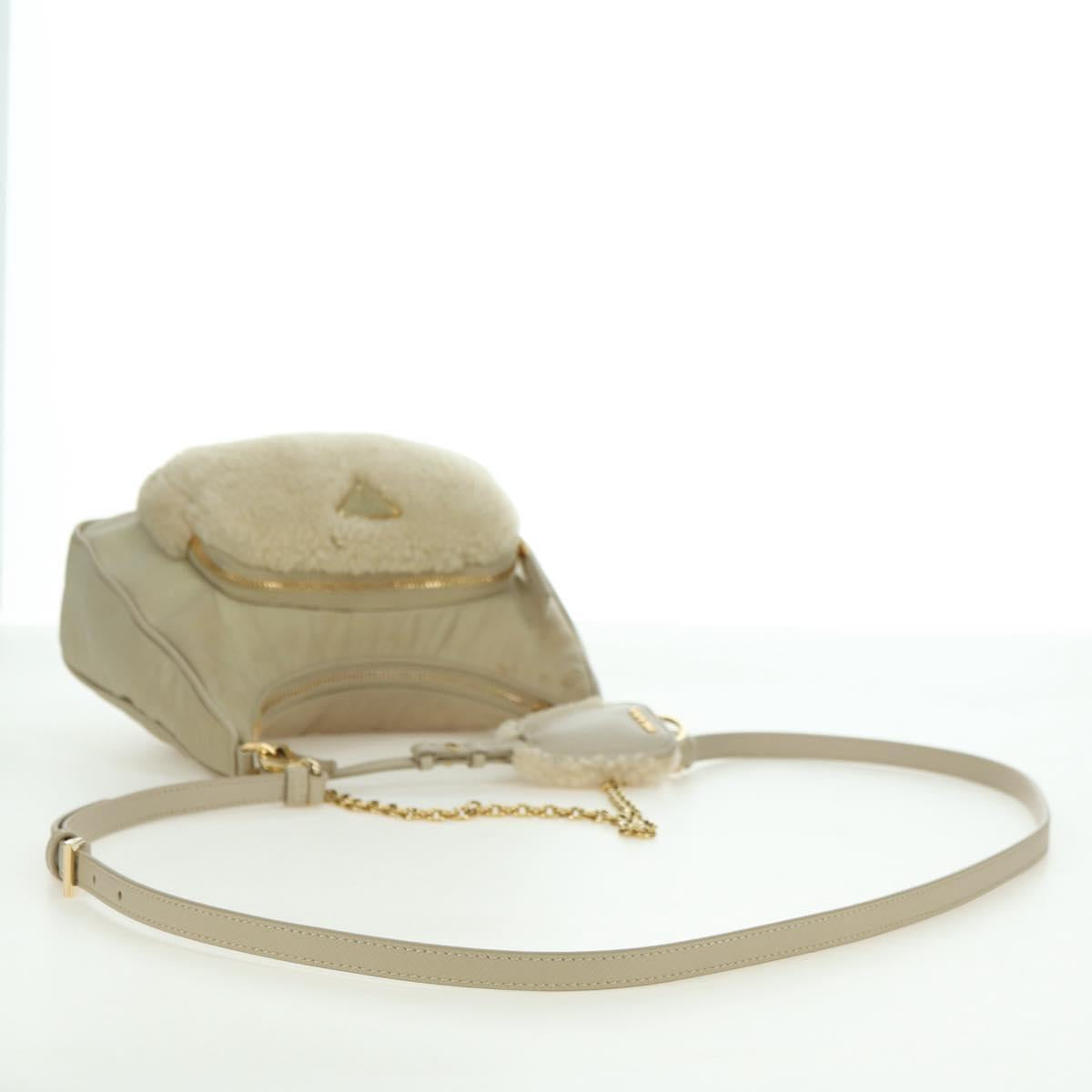 PRADA Chain Shoulder Bag Nylon 3way Beige Gold Auth 179052V