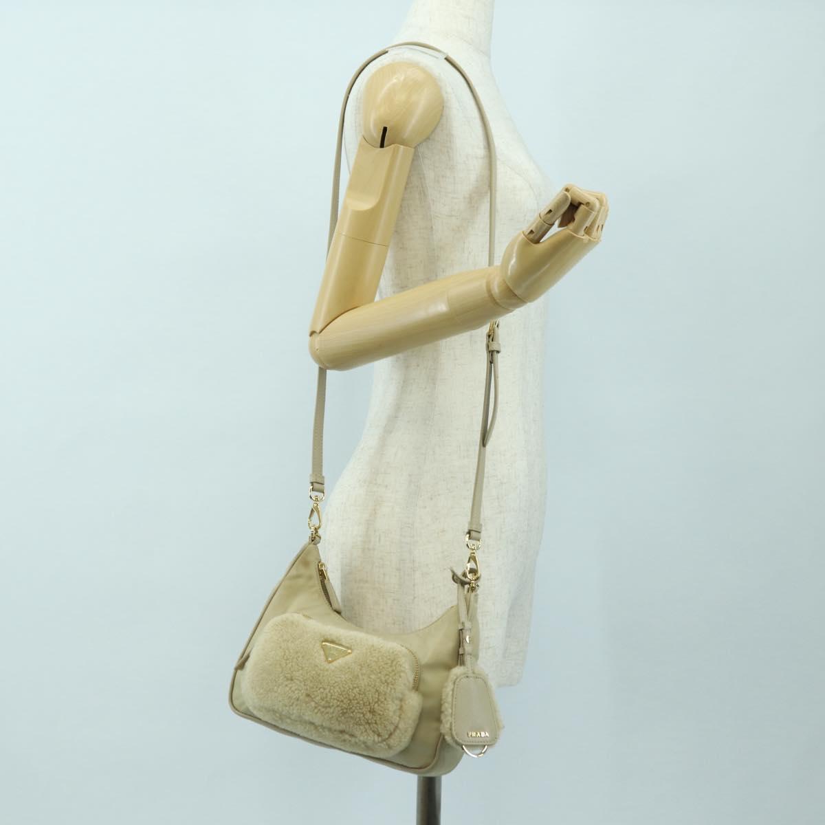PRADA Chain Shoulder Bag Nylon 3way Beige Gold Auth 179052V