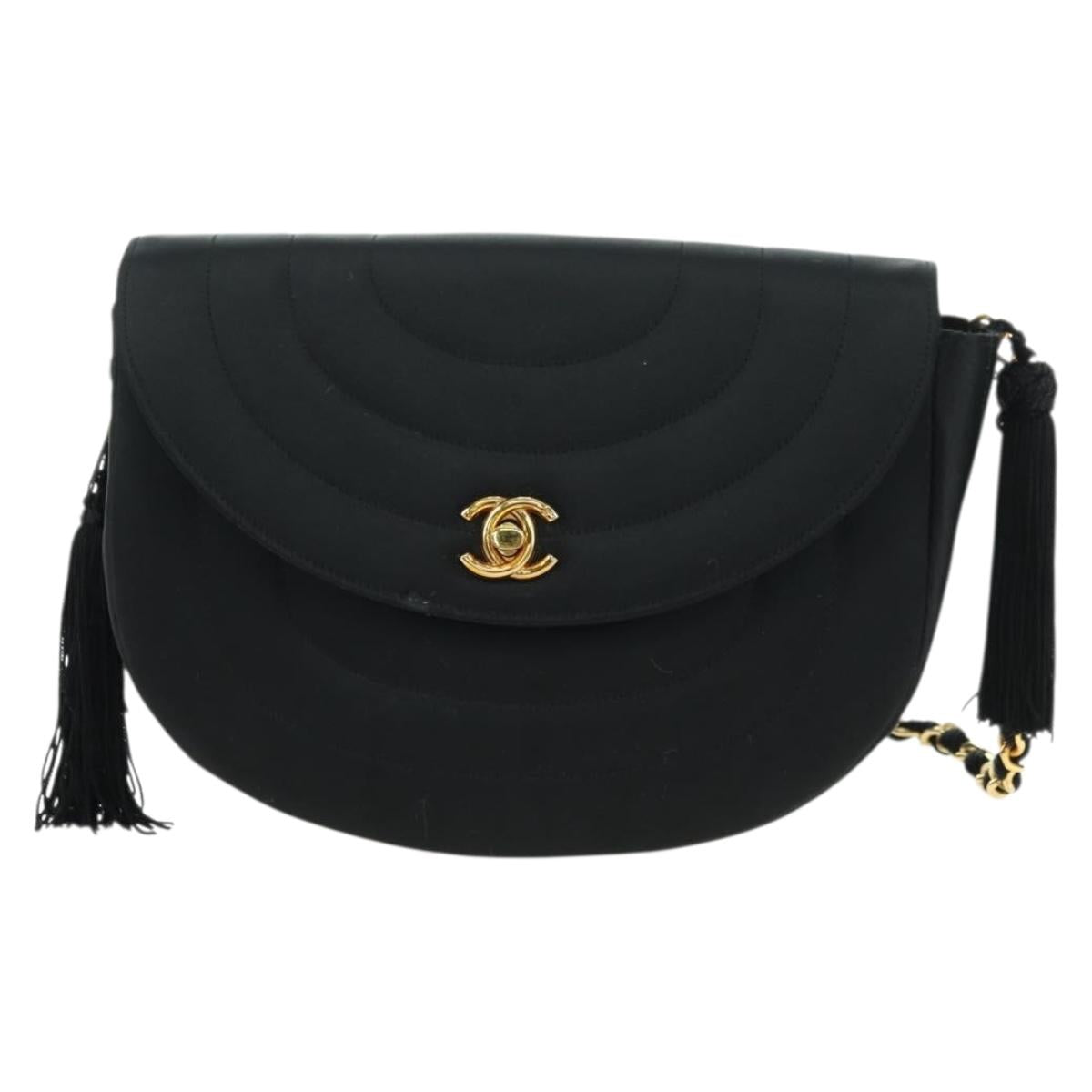 CHANEL Half Moon Chain Shoulder Bag Satin Black Gold CC Auth 179055SAV