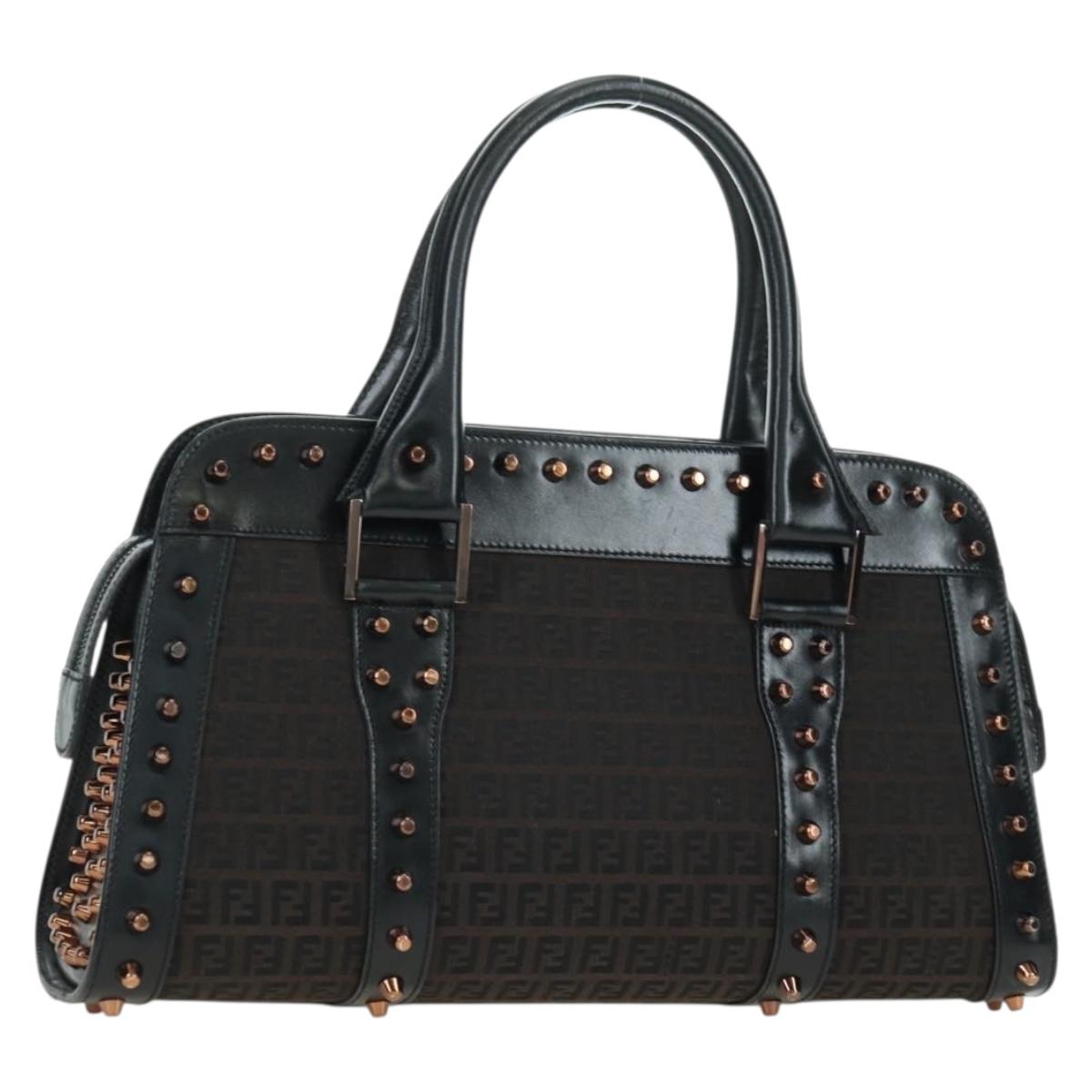FENDI Zucchino Canvas Hand Bag Brown Silver Auth 179058V
