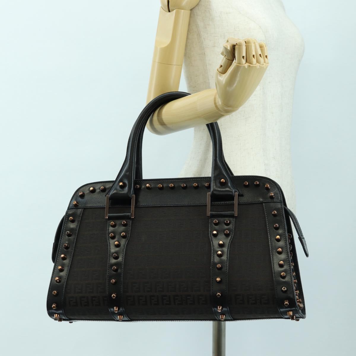 FENDI Zucchino Canvas Hand Bag Brown Silver Auth 179058V