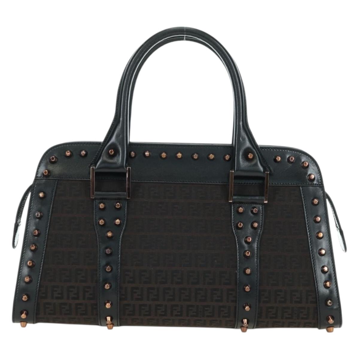 FENDI Zucchino Canvas Hand Bag Brown Silver Auth 179058V