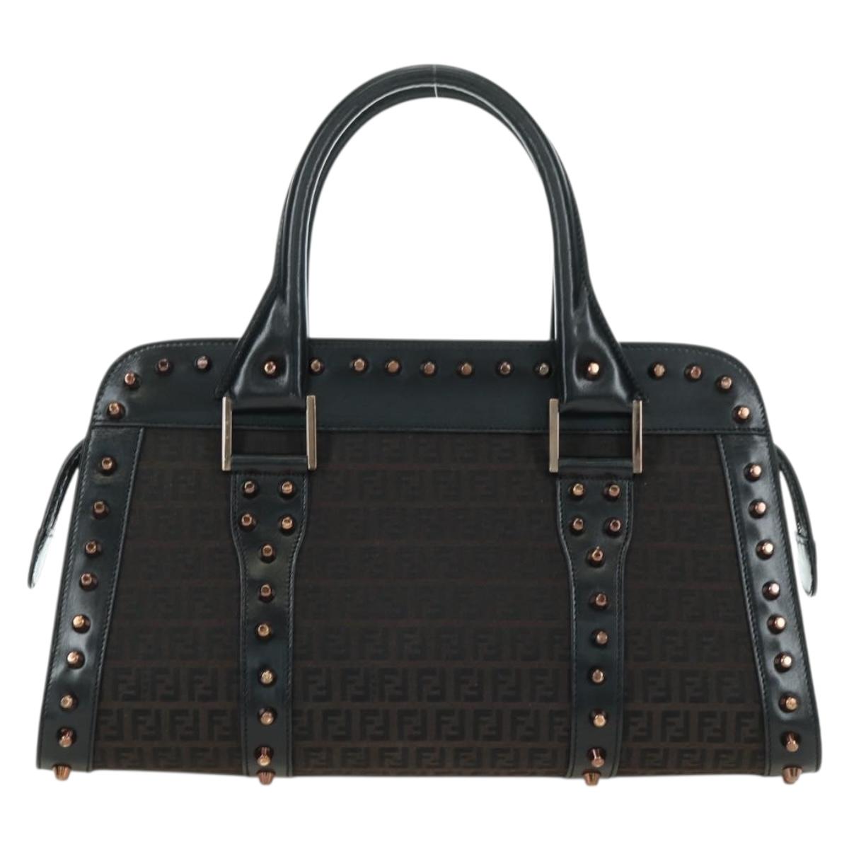 FENDI Zucchino Canvas Hand Bag Brown Silver Auth 179058V