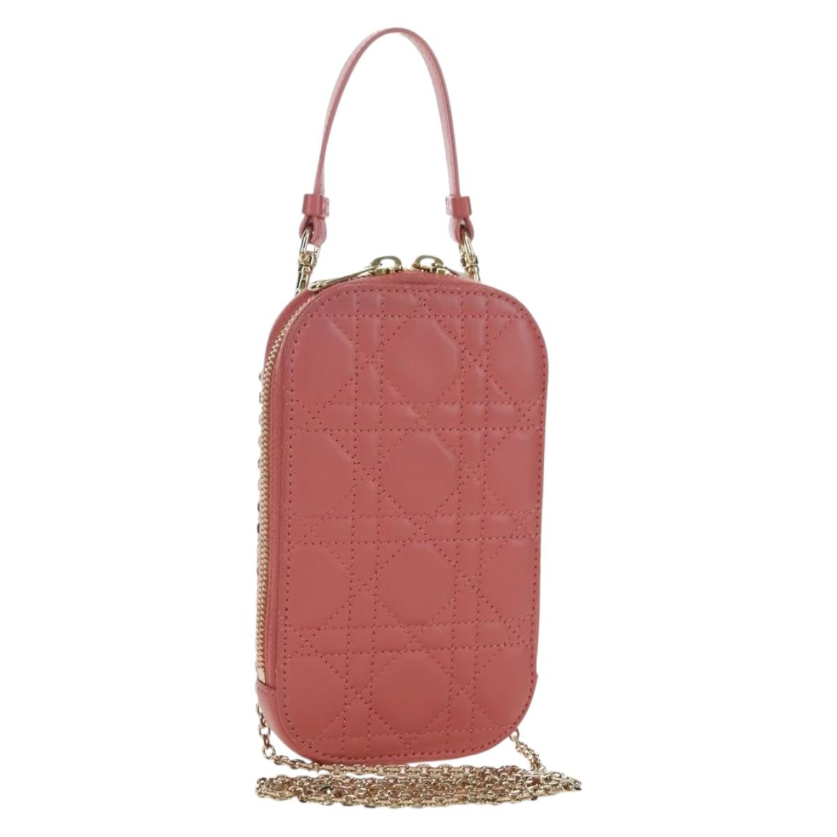 Christian Dior Cannage Chain Phone Pouch Bag Lamb Skin Pink Gold Auth 179066M