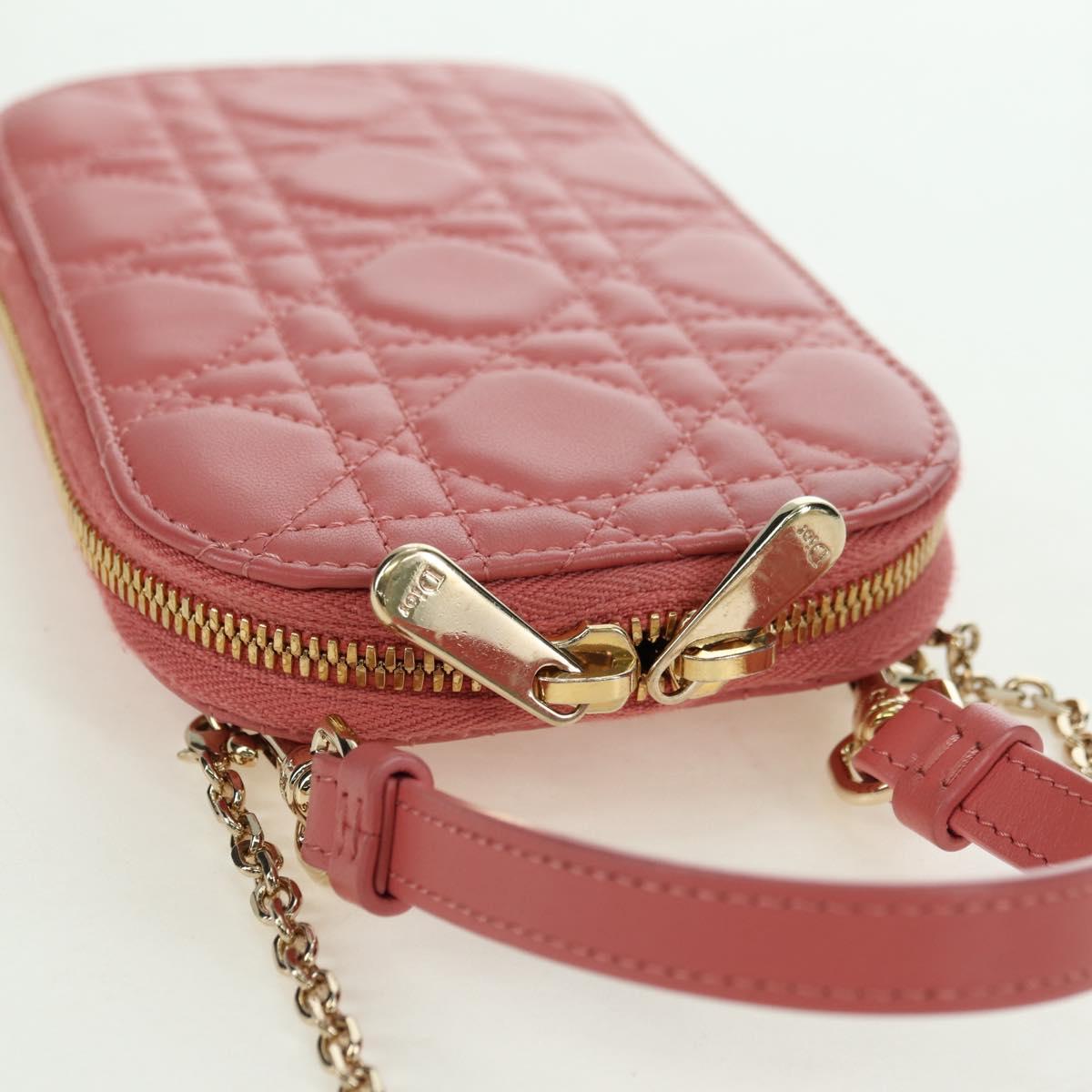 Christian Dior Cannage Chain Phone Pouch Bag Lamb Skin Pink Gold Auth 179066M