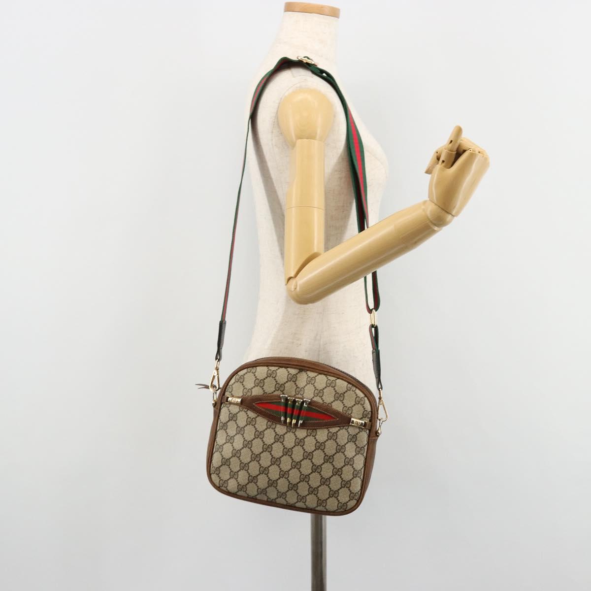 GUCCI GG Supreme Web Sherry Line Shoulder Bag PVC Beige Gold Red Auth 179084