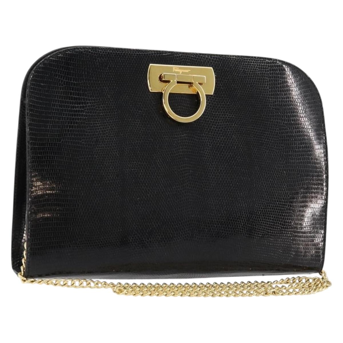 Salvatore Ferragamo Gancini Chain Bag Leather Embossed Black Gold Auth 179088A