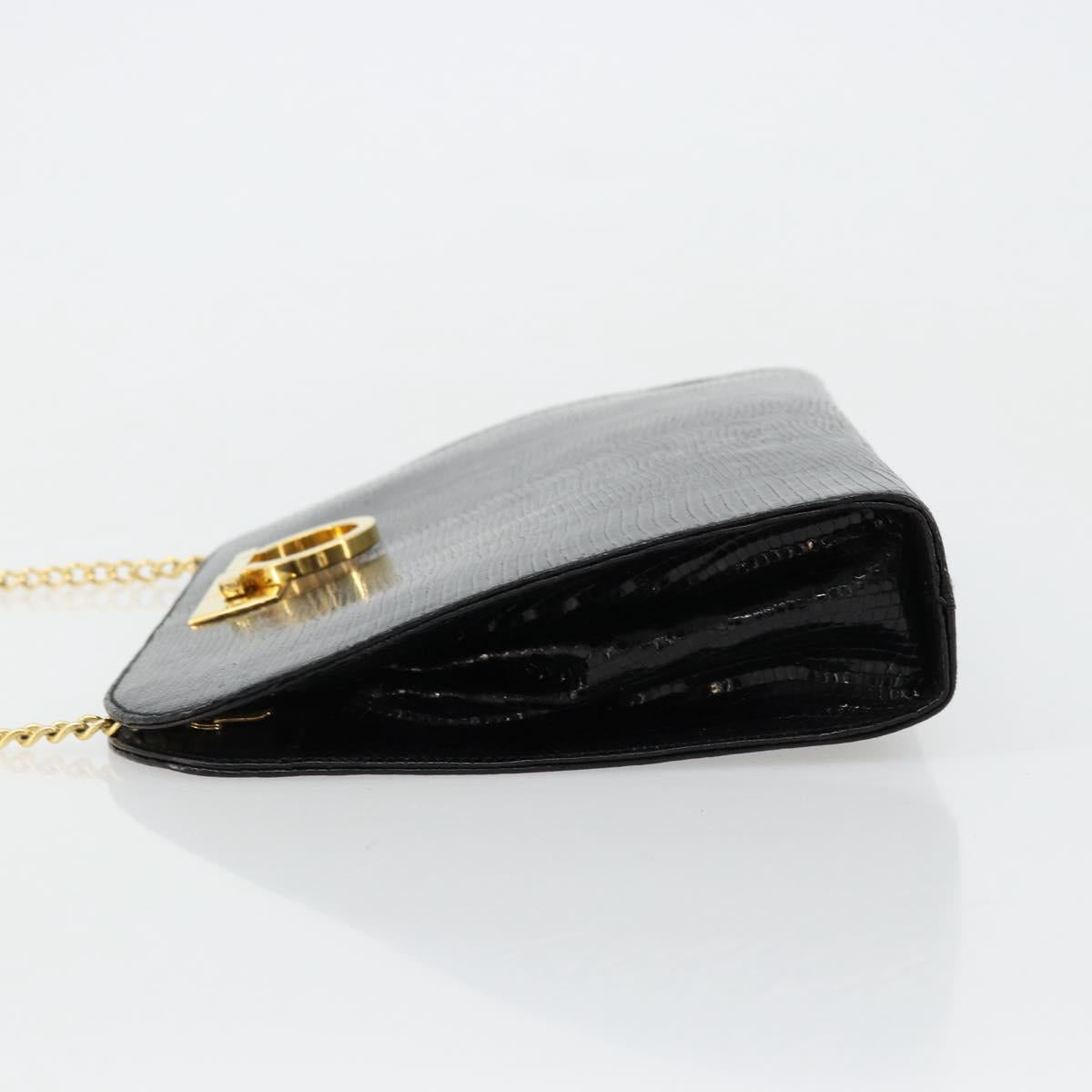 Salvatore Ferragamo Gancini Chain Bag Leather Embossed Black Gold Auth 179088A