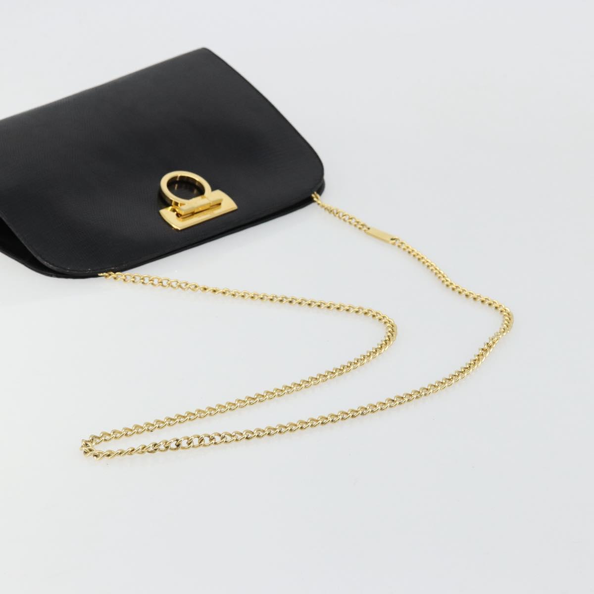 Salvatore Ferragamo Gancini Chain Bag Leather Embossed Black Gold Auth 179088A