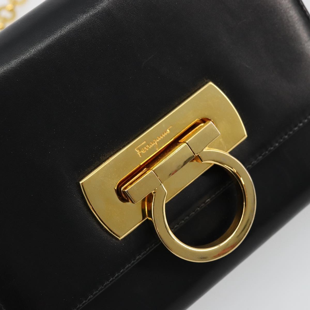 Salvatore Ferragamo Gancini Chain Shoulder Bag Leather Black Gold Auth 179103