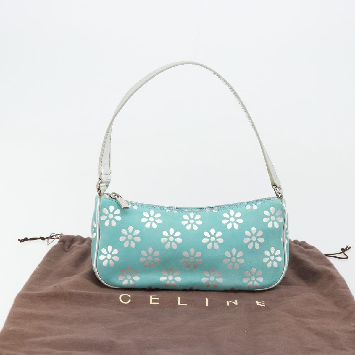 CELINE Shoulder Bag Suede Silver Turquoise Blue Auth 179104A