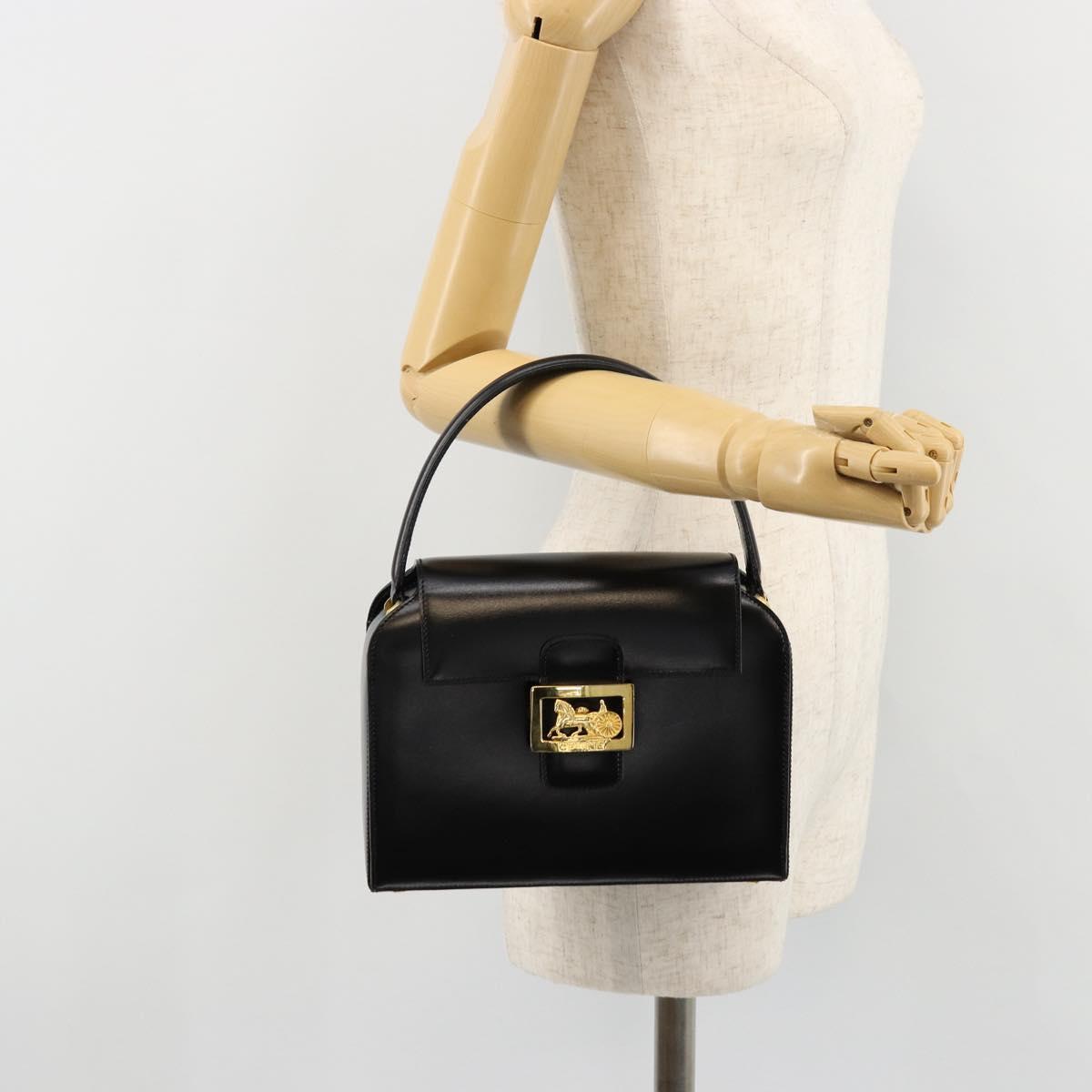 CELINE Horse Carriage Hand Bag Leather Black Gold Auth 179139