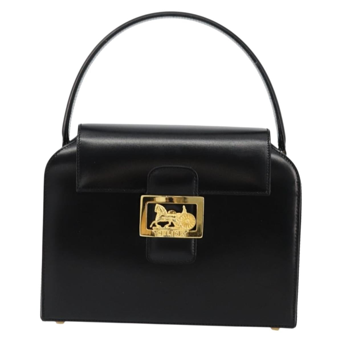 CELINE Horse Carriage Hand Bag Leather Black Gold Auth 179139