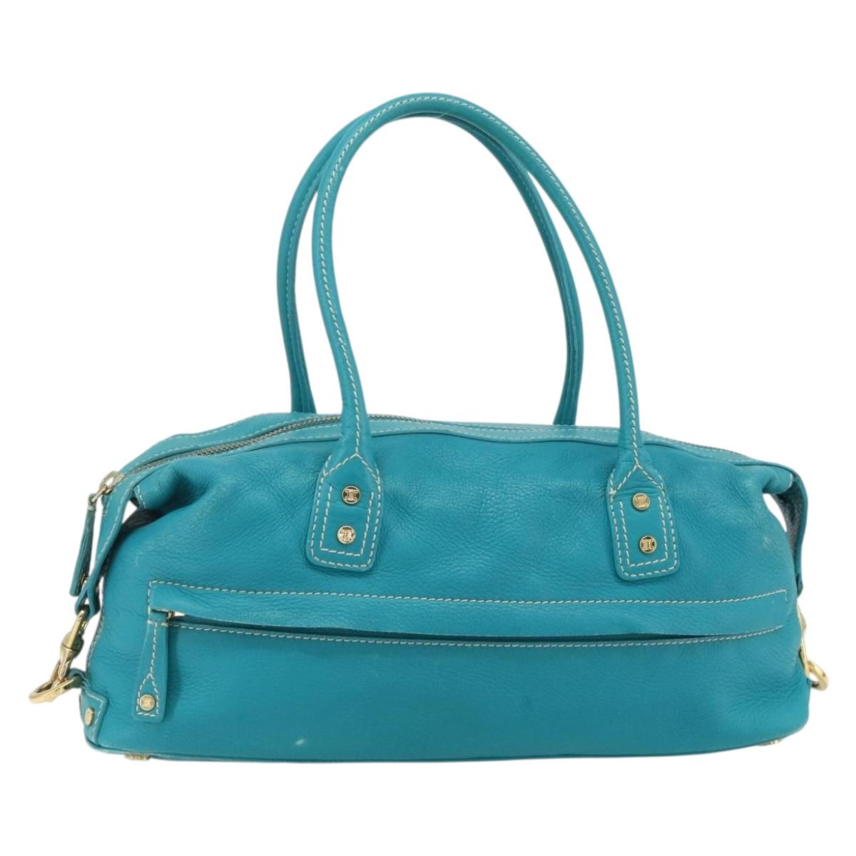 CELINE Hand Bag Leather Turquoise Blue Gold Auth 179140A