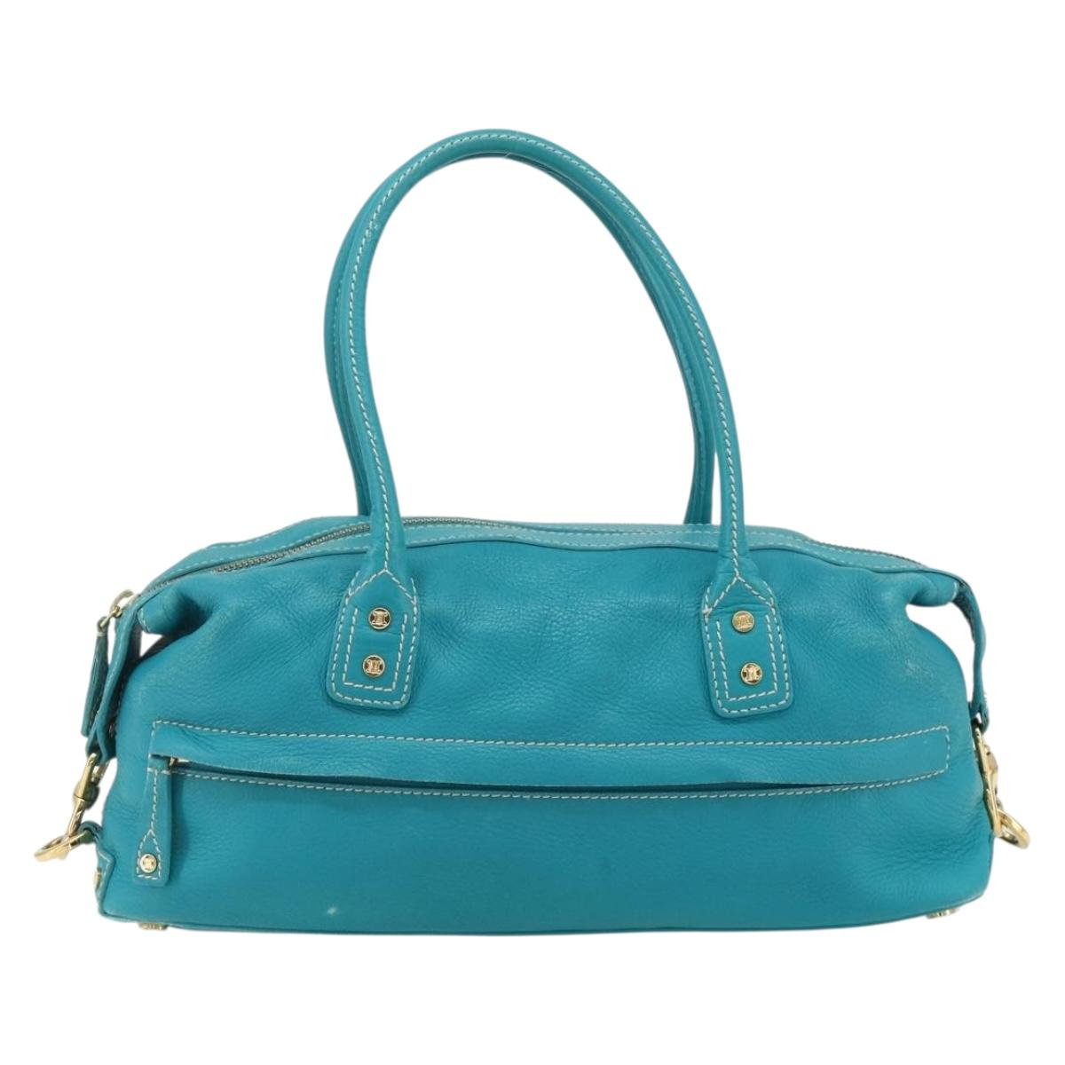 CELINE Hand Bag Leather Turquoise Blue Gold Auth 179140A