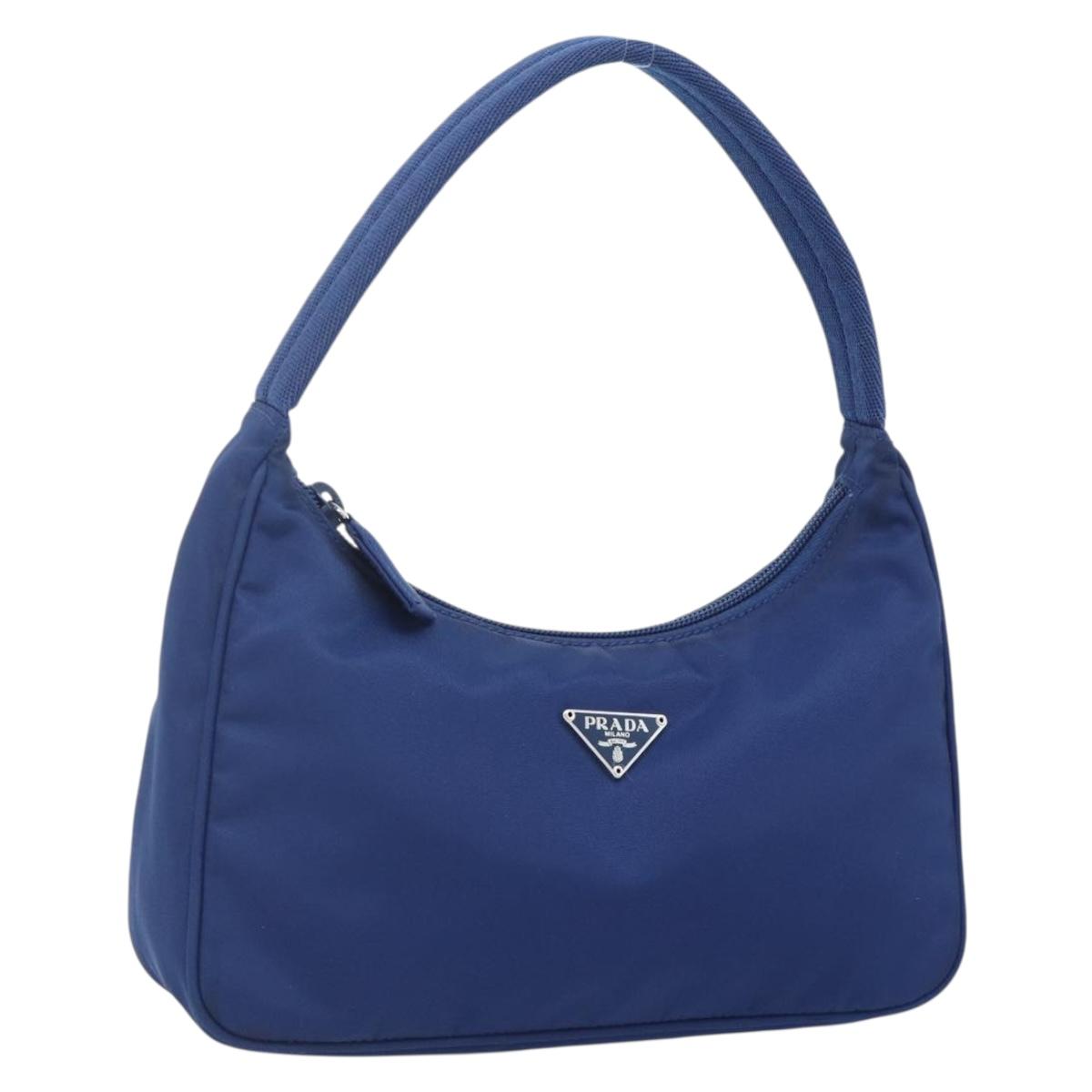 PRADA Hand Pouch Nylon Blue Silver Auth 179144A