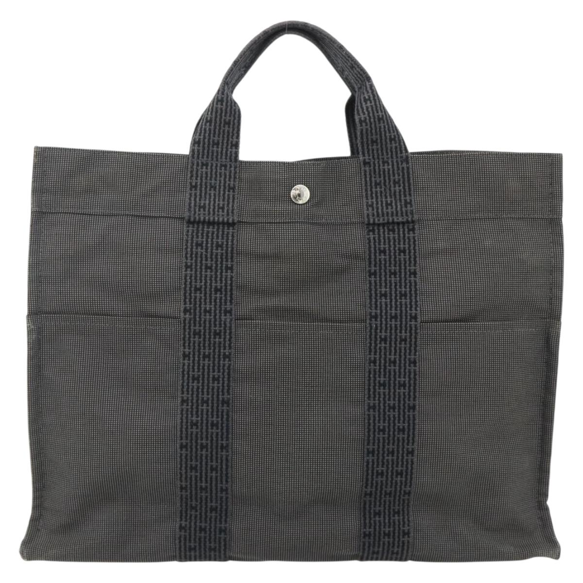 HERMES Her Line MM Hand Bag Canvas Gray Silver Auth 179155A