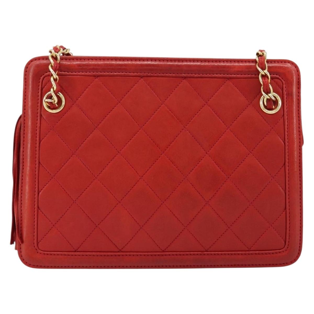 CHANEL Matelasse Chain Shoulder Bag Lamb Skin Red Gold CC Auth 179157A