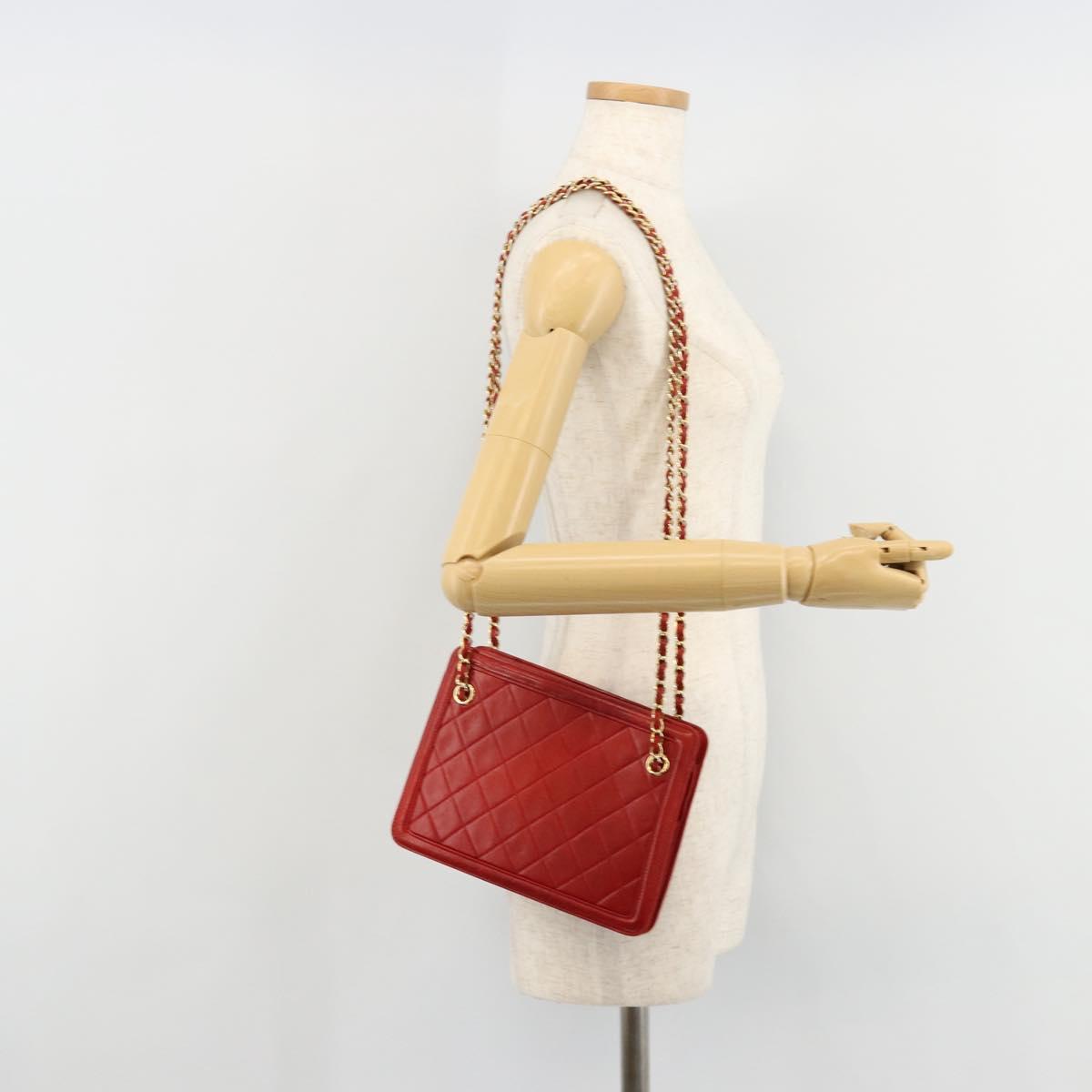 CHANEL Matelasse Chain Shoulder Bag Lamb Skin Red Gold CC Auth 179157A