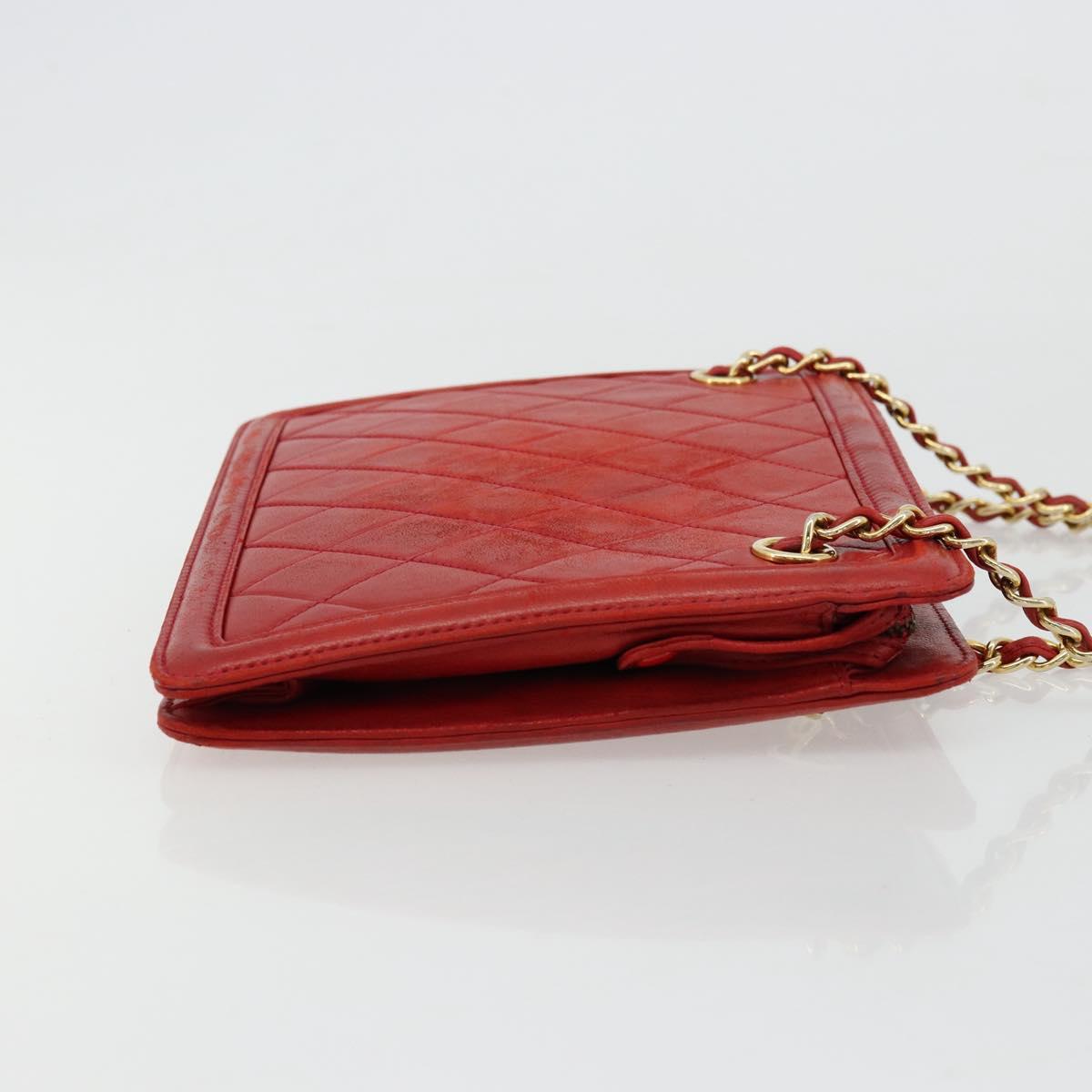 CHANEL Matelasse Chain Shoulder Bag Lamb Skin Red Gold CC Auth 179157A