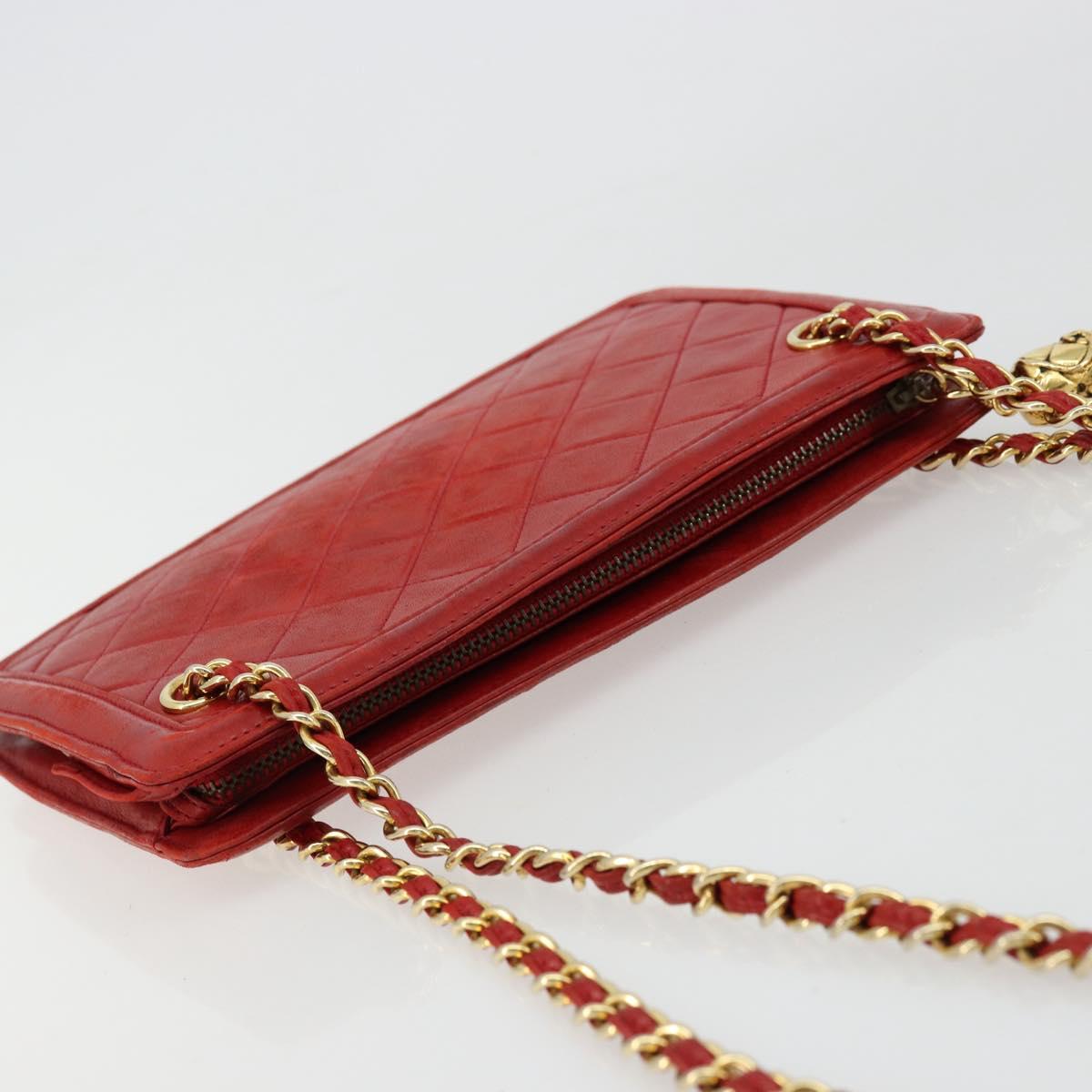 CHANEL Matelasse Chain Shoulder Bag Lamb Skin Red Gold CC Auth 179157A