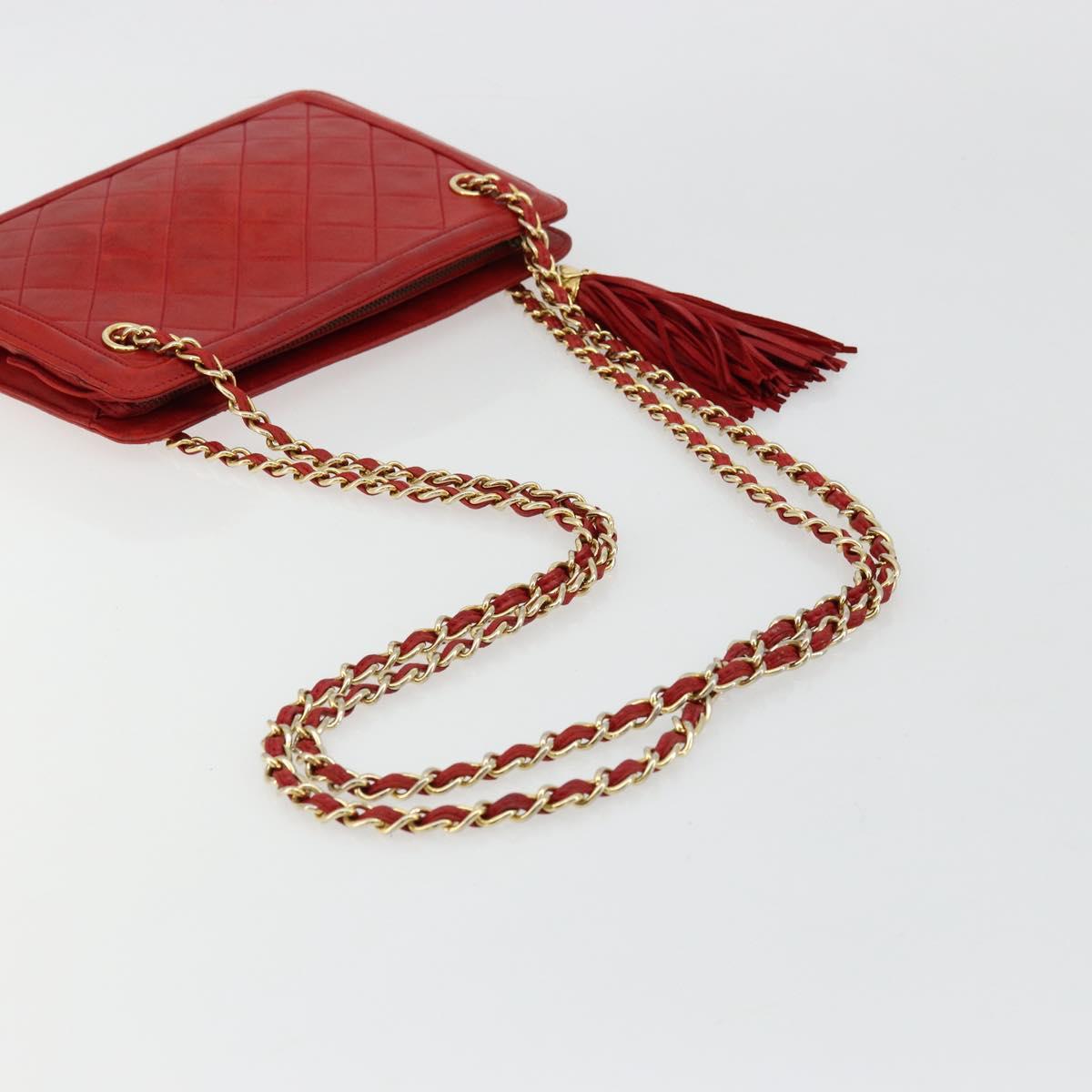 CHANEL Matelasse Chain Shoulder Bag Lamb Skin Red Gold CC Auth 179157A