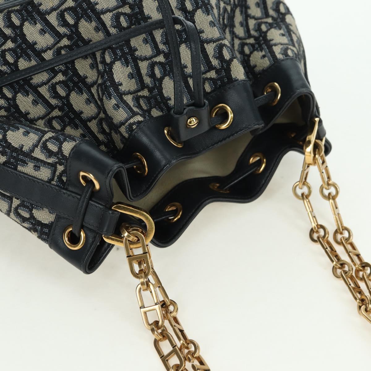 Christian Dior Trotter Canvas Chain Shoulder Bag Navy Gold Auth 179181V