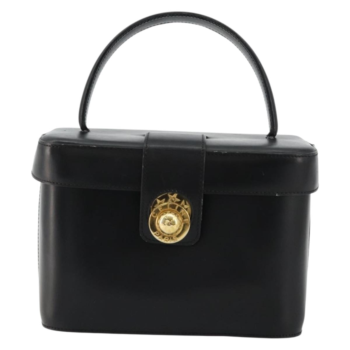 CELINE Vanity Cosmetic Pouch Leather Black Gold Auth 179213
