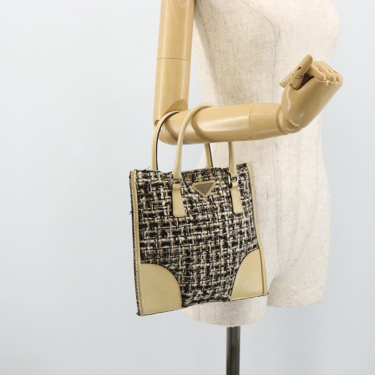 PRADA Hand Bag Leather Tweed Black Silver Auth 179221A