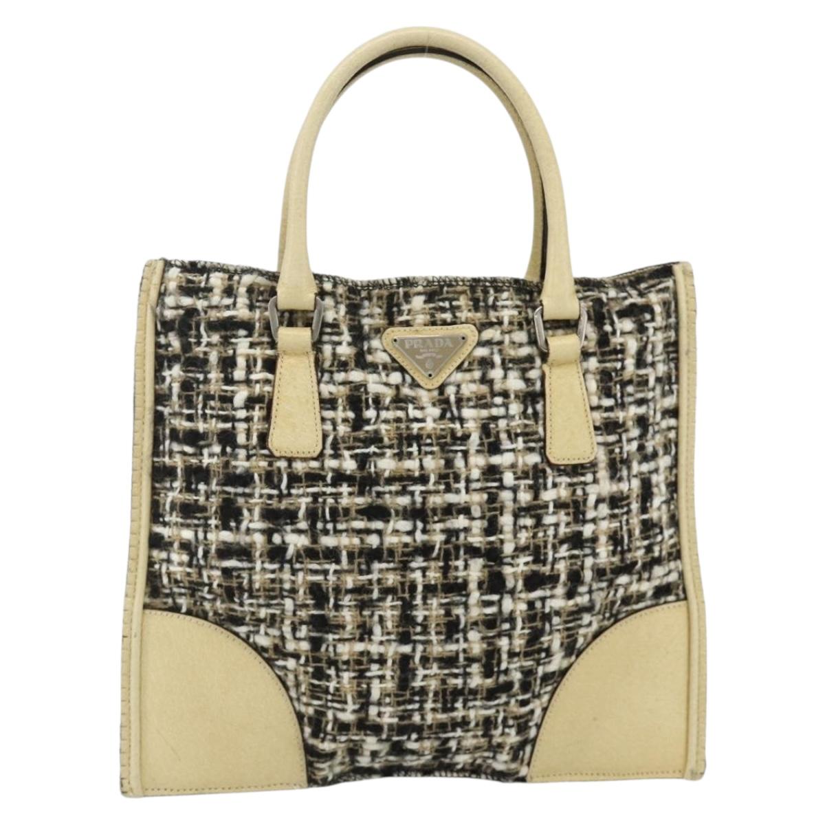 PRADA Hand Bag Leather Tweed Black Silver Auth 179221A