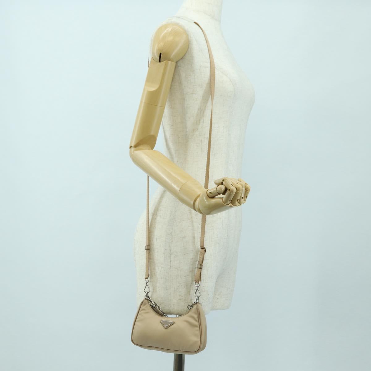 PRADA Shoulder Bag Nylon 2way Beige Silver Auth 179223M
