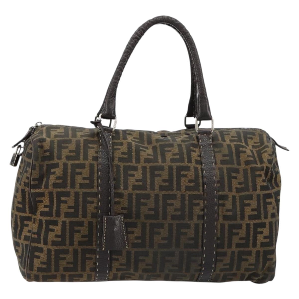 FENDI Zucca Canvas Celeria Boston Bag Black Brown Auth 179230A