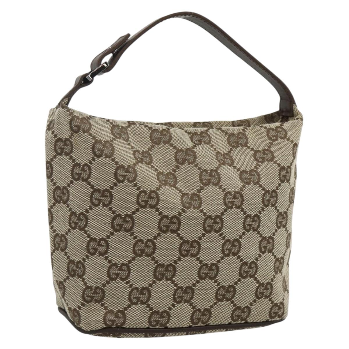 GUCCI GG Canvas Hand Pouch Beige Silver 039 1147 Auth 179232A