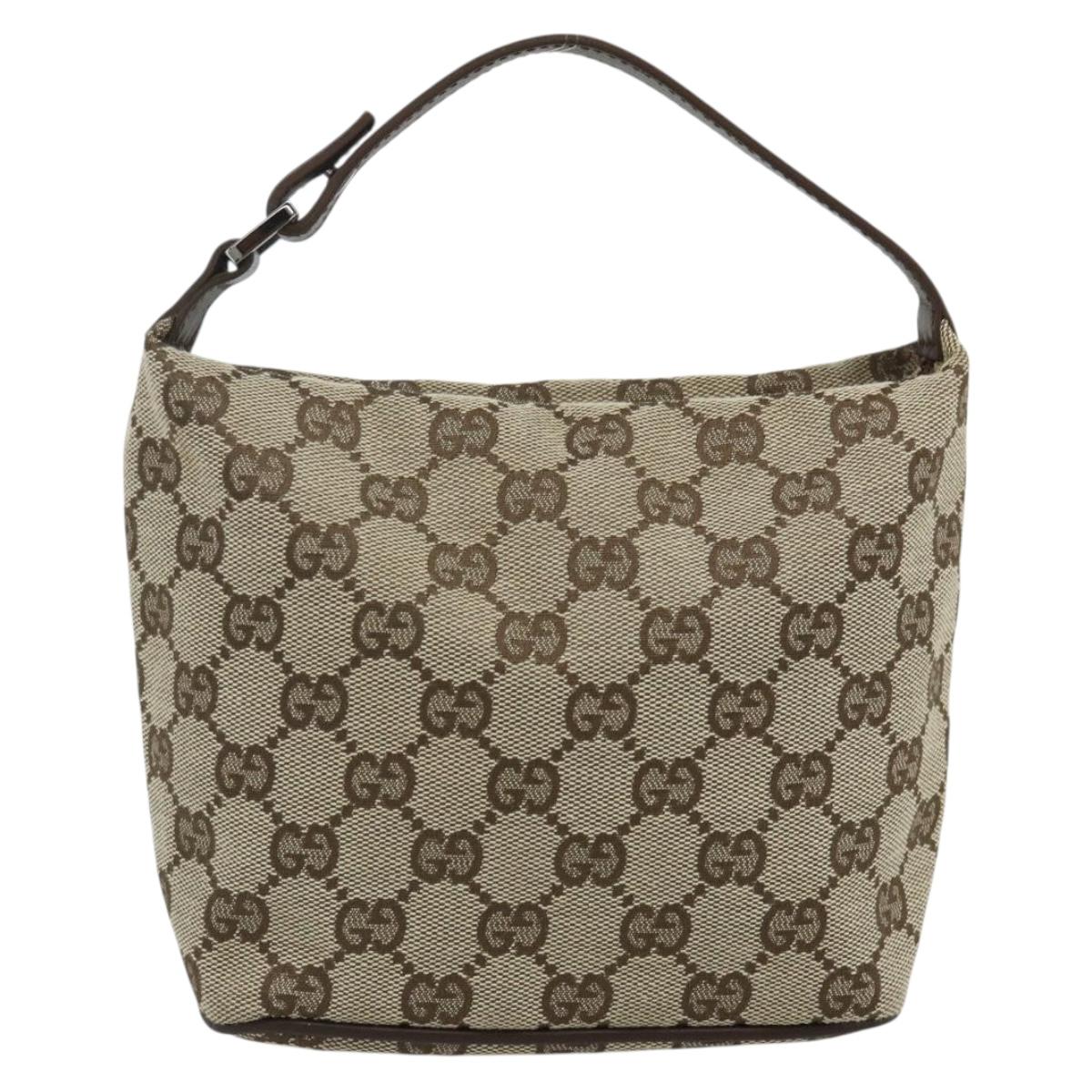 GUCCI GG Canvas Hand Pouch Beige Silver 039 1147 Auth 179232A