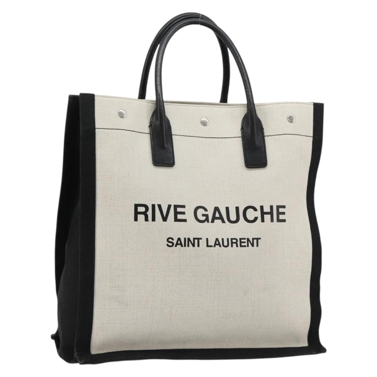 SAINT LAURENT Hand Bag Canvas Beige Silver Auth 179238A