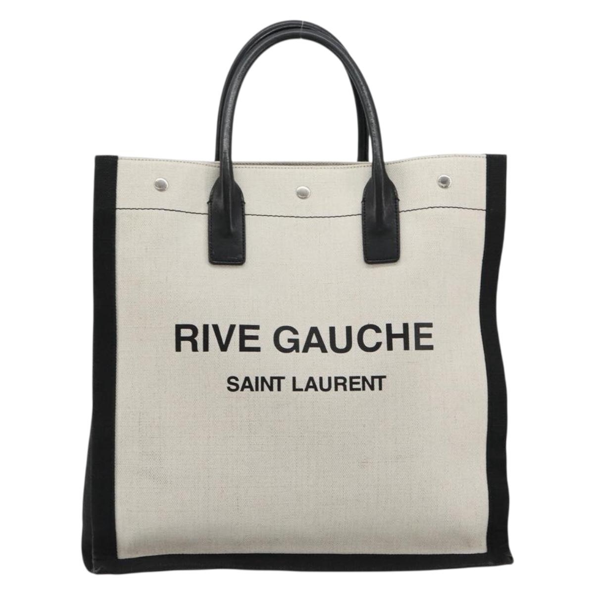 SAINT LAURENT Hand Bag Canvas Beige Silver Auth 179238A