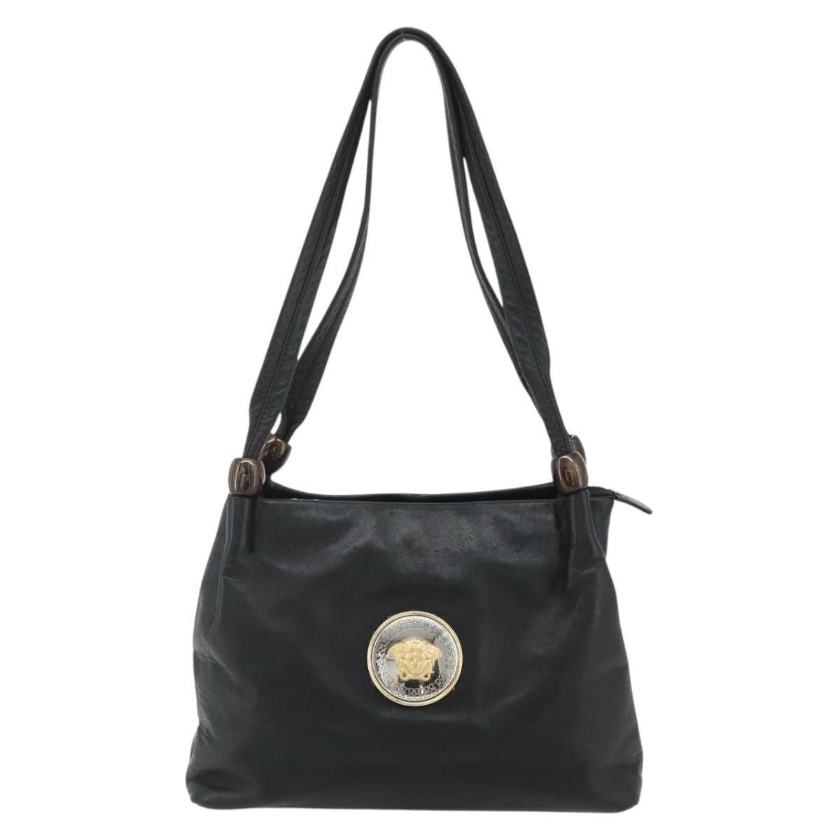 VERSACE Shoulder Bag Leather Black Gold Auth 179275A