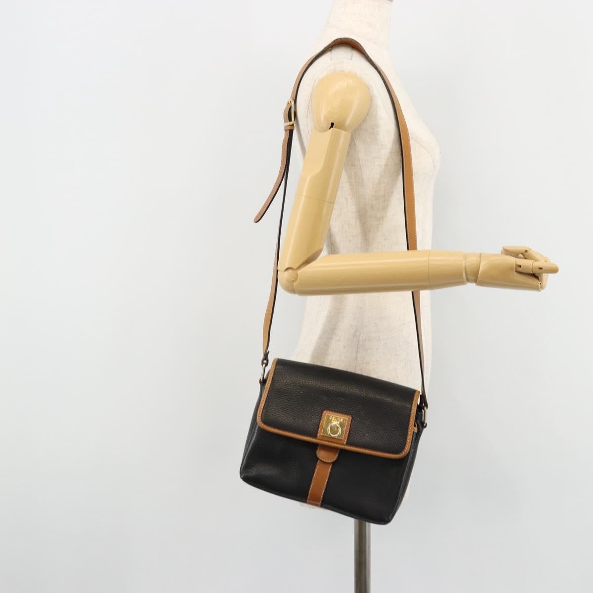 CELINE Shoulder Bag Leather Black Gold Auth 179287