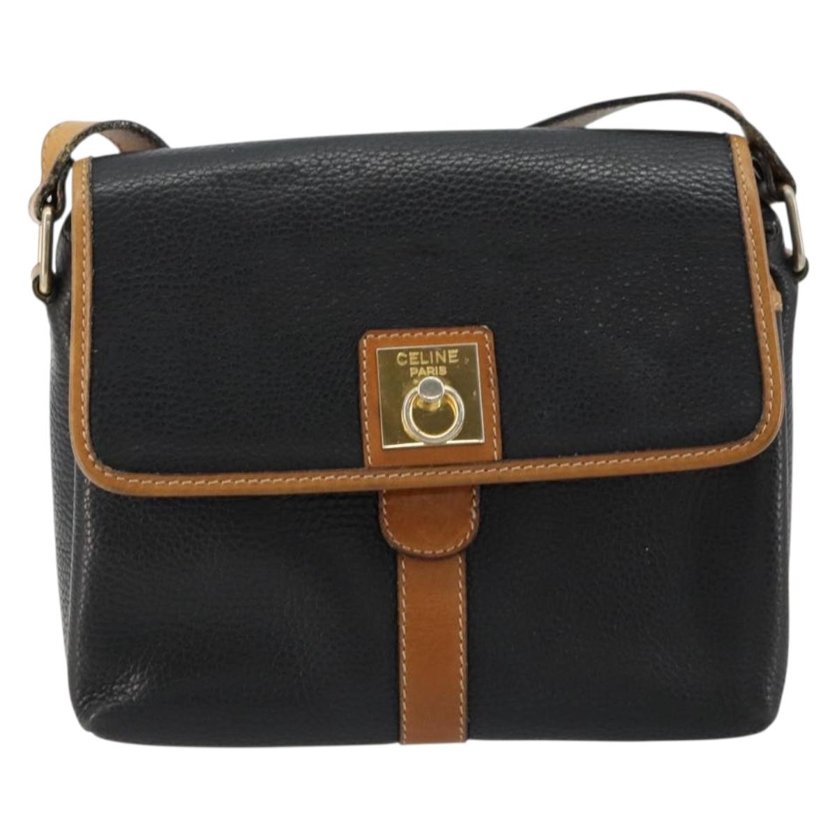 CELINE Shoulder Bag Leather Black Gold Auth 179287