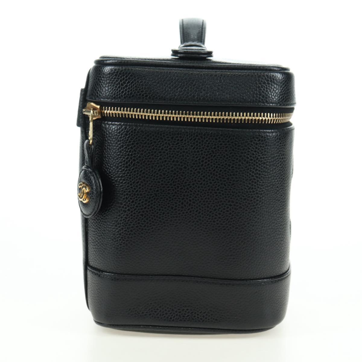 CHANEL Vanity Hand Bag Caviar Skin Black Gold CC Auth 179303SAV