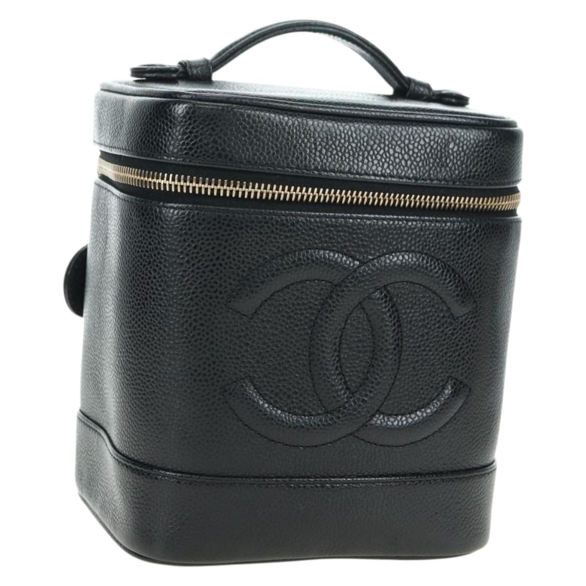 CHANEL Vanity Hand Bag Caviar Skin Black Gold CC Auth 179303SAV