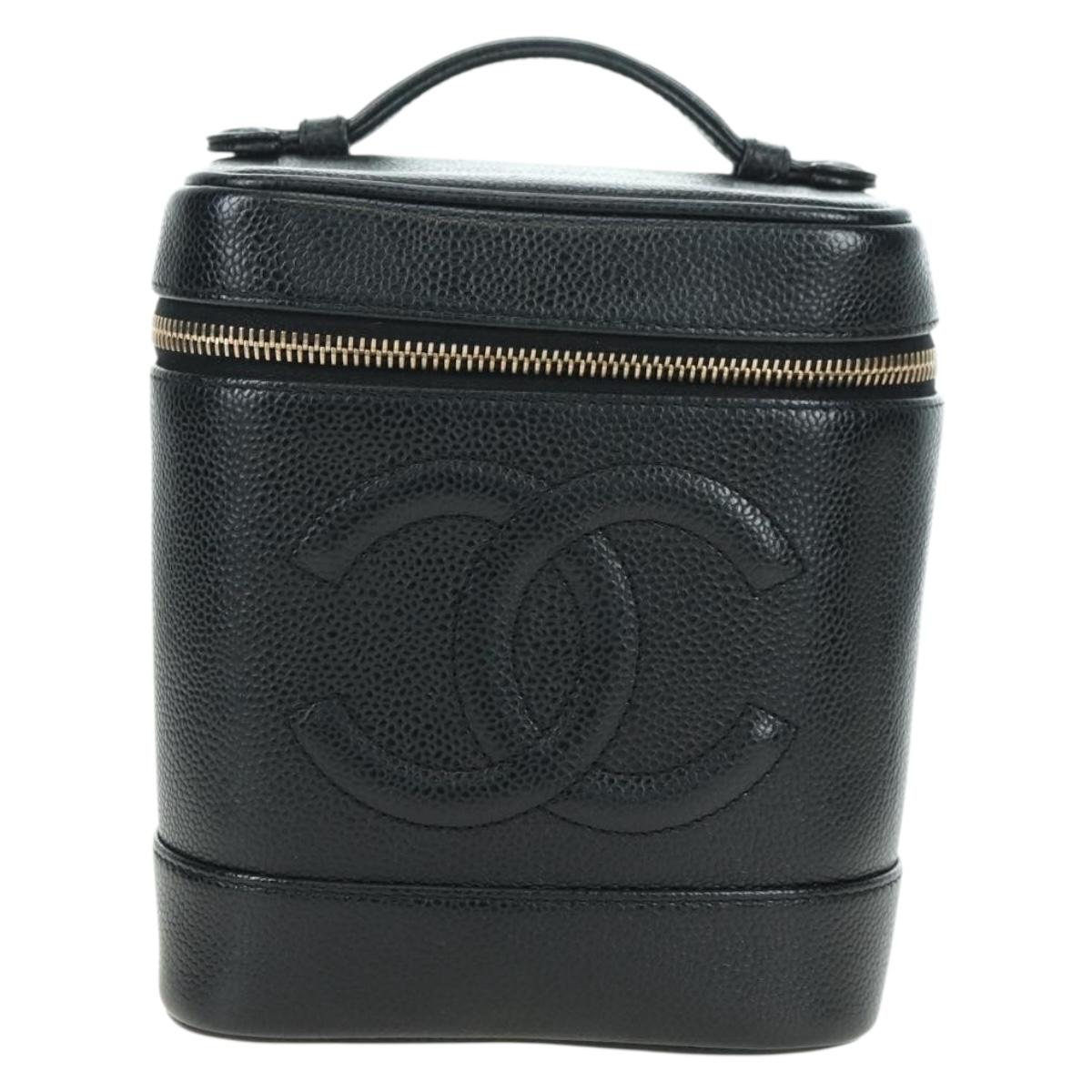 CHANEL Vanity Hand Bag Caviar Skin Black Gold CC Auth 179303SAV