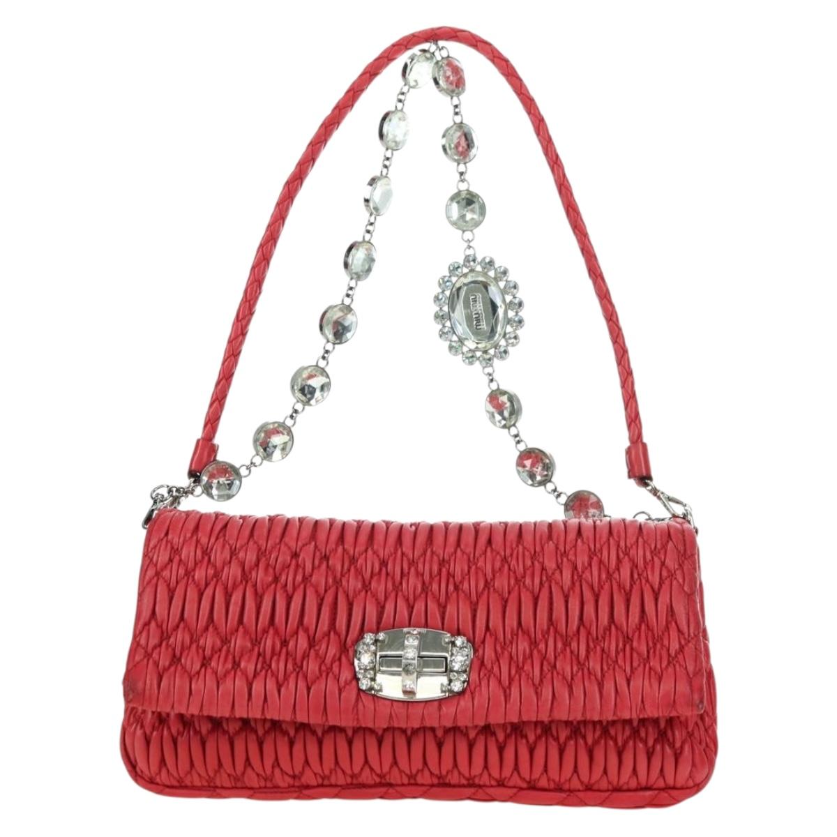 Miu Miu Matelasse Chain Shoulder Bag Leather Red Silver Auth 179306M