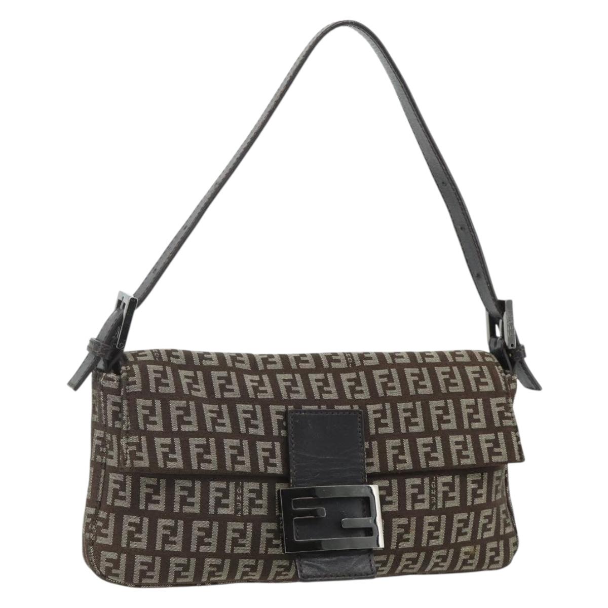 FENDI Zucchino Canvas Mamma Baguette Shoulder Bag Brown Silver Auth 179308A