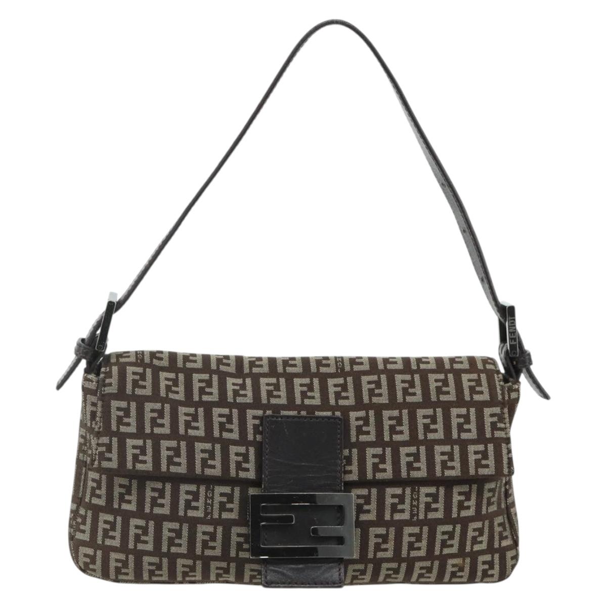 FENDI Zucchino Canvas Mamma Baguette Shoulder Bag Brown Silver Auth 179308A