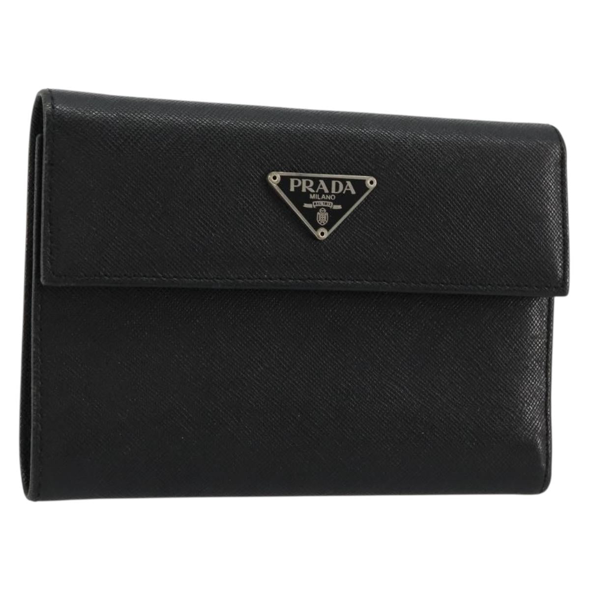 PRADA Wallet Safiano leather Black Silver Auth 179334A